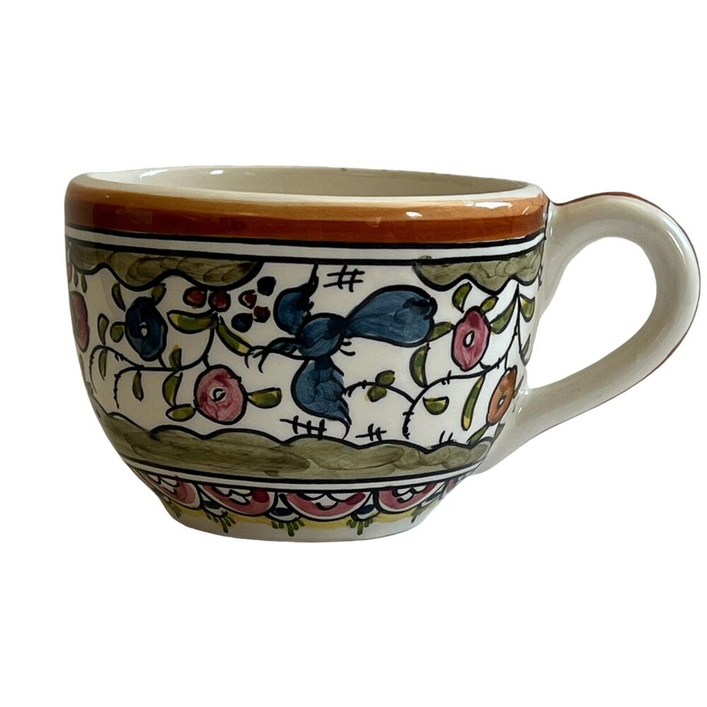 Horchow Pavoes Flat Cup Mug Handpainted Earthenware 3.5" x 3" Portugal